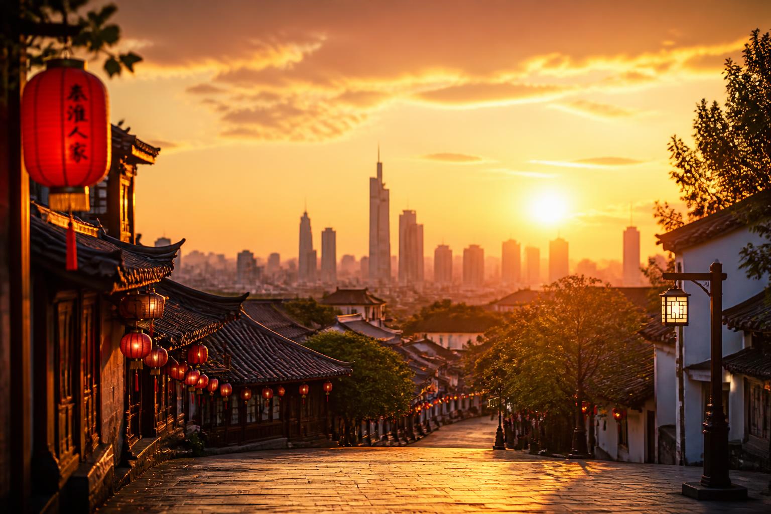 Ruas da China ao pôr do sol